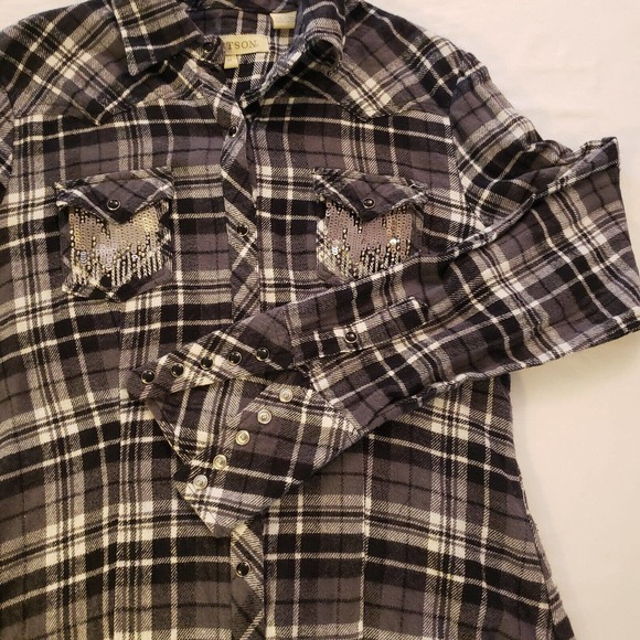 Stetson Womens Long Sleeve Pearl Snap Plaid Flannel Black White Sequins Size M - Picture 6 of 12